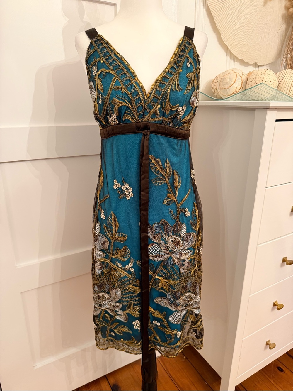 Hale Bob Teal Embroidered Midi Dress with Gold Trim